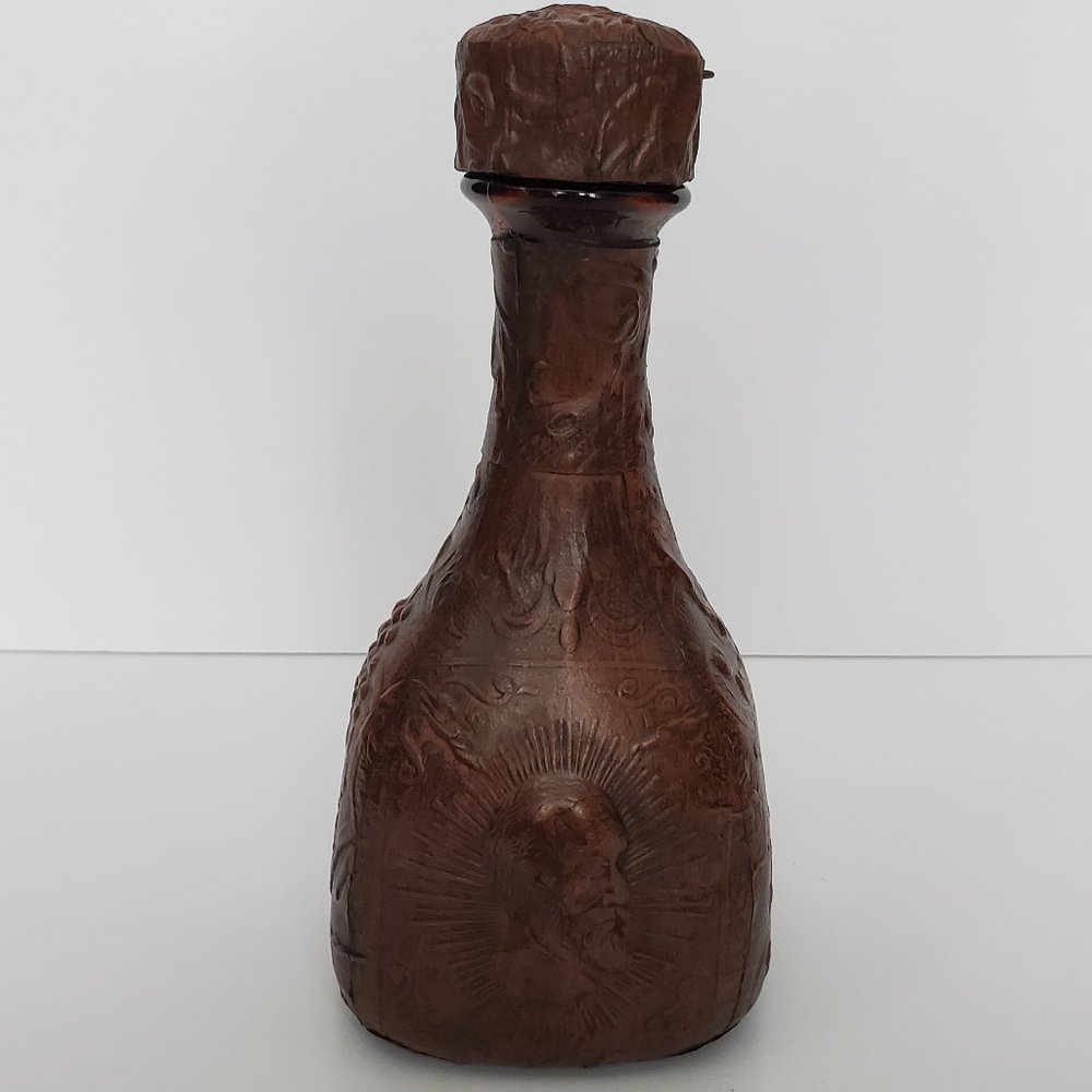 Vtg Whisky Tooled Leather Covered Glass Decanter Spirits Wine Embossed Trojan
